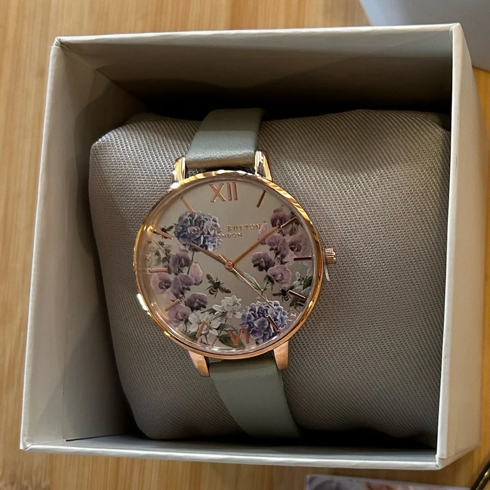 OLIVIA BURTON ENCHANTED GARDEN WATCH WITH 38mm SILVER FLORAL FACE & GREY BAND